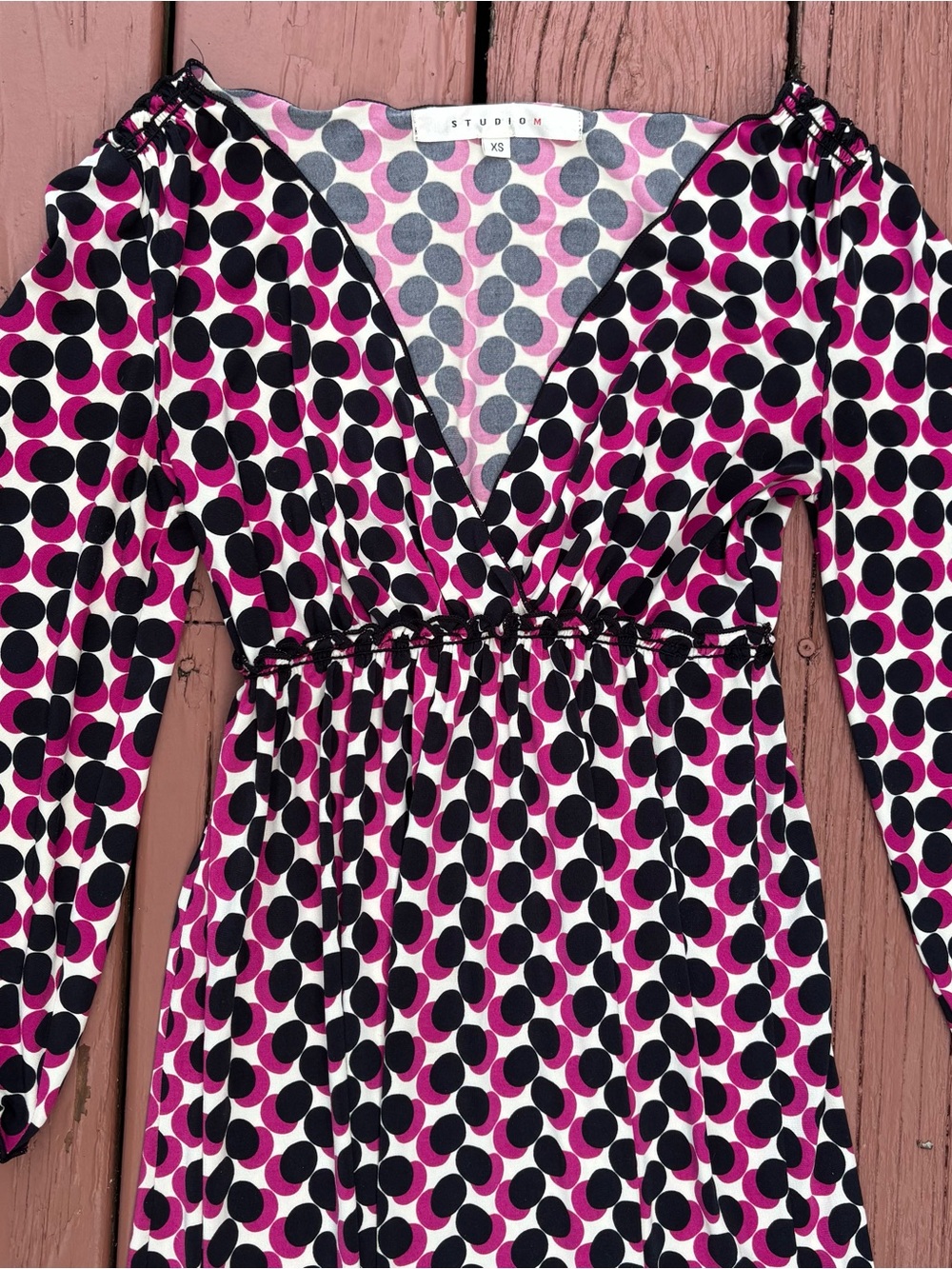Y2K Studio M Pink and Black Polka Dot V-Neck Midi Dress XS